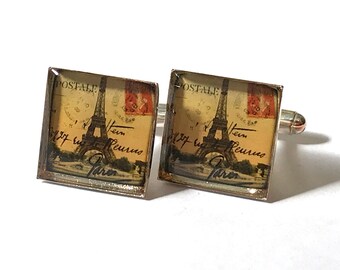 Eiffel Tower Paris France Vintage Illustration Handcrafted Hand Poured Resin Silver-Plate Square Cufflinks Cuff Links