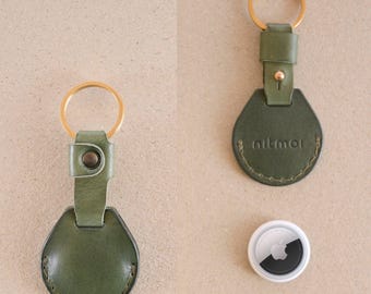 Leather AirTag Keychain in Green: Italian Full-Grain Leather, Handmade, Custom Monogram