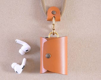 Handmade Leather Case for AirPods: Cognac Cover with Lanyard, Custom Monogram