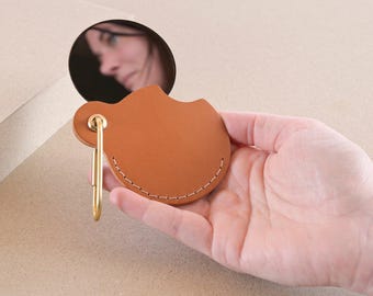 Compact Leather Pocket Mirror: Italian Cognac Leather, Handmade with Monogram