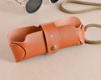 Leather Hanging Glasses Case with Cord in Cognac: Handmade, Personalized Monogram
