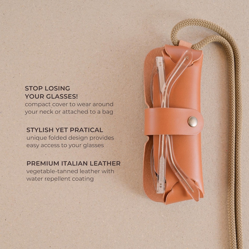 Leather Hanging Glasses Case with Cord in Cognac: Handmade, Personalized Monogram image 7