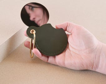 Personalized Green Leather Compact Mirror: Italian Leather, Handmade