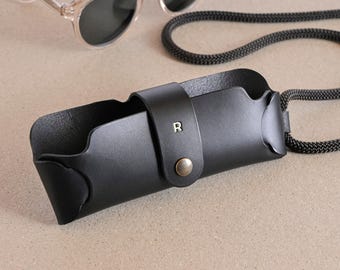 Monogram Leather Glasses Case with Cord, Italian Vegetable-Tanned Leather