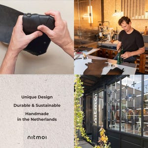 May include: A black leather bag with a unique design. The bag is handmade in the Netherlands and is durable and sustainable. The image also shows the workshop where the bag is made and the storefront of the shop.