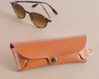 Cognac Italian Leather Glasses Case with Lanyard: Personalized Handmade Eyeglass Holder
