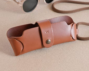 Personalized Leather Sunglasses Holder Necklace: Italian Veg-Tan Glasses Case