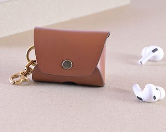 Personalized Leather Case for Apple AirPods: Italian Veg-Tan, Brass Clip