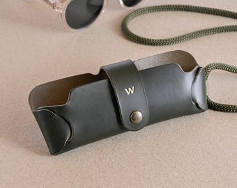 Leather Hanging Glasses Case: Dark Green with Neck Cord, Personalized Monogram