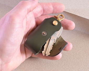 Dark Green Leather Key Case: Handmade Key Holder with Monogram