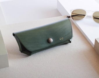 Handcrafted Green Leather Glasses Case, Personalized Sunglasses Holder