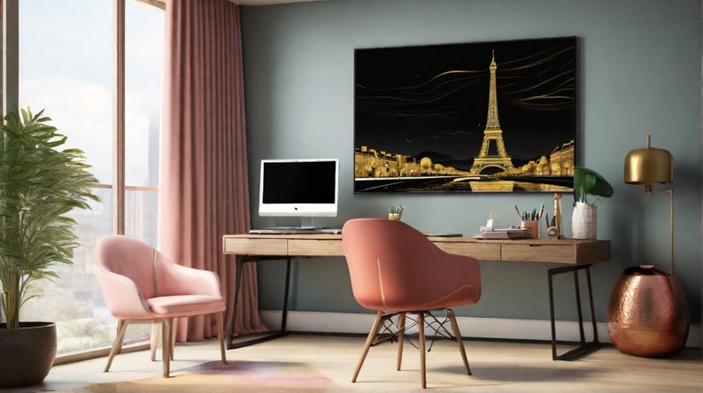 Image pour téléviseur avec cadre Samsung, Tour Eiffel, Paris, minimaliste, dessin au trait, bicolore, or et noir, Art mural avec cadre pour télévision, déco maison, nuit, 1 image 3