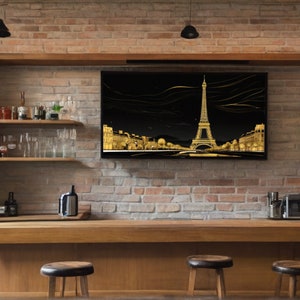 Image pour téléviseur avec cadre Samsung, Tour Eiffel, Paris, minimaliste, dessin au trait, bicolore, or et noir, Art mural avec cadre pour télévision, déco maison, nuit, 1 image 5