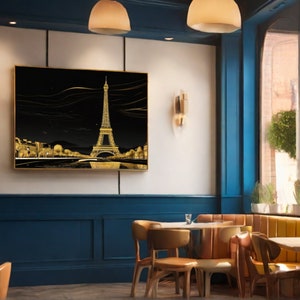 Image pour téléviseur avec cadre Samsung, Tour Eiffel, Paris, minimaliste, dessin au trait, bicolore, or et noir, Art mural avec cadre pour télévision, déco maison, nuit, 1 image 9