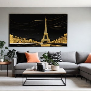 Image pour téléviseur avec cadre Samsung, Tour Eiffel, Paris, minimaliste, dessin au trait, bicolore, or et noir, Art mural avec cadre pour télévision, déco maison, nuit, 1 image 2