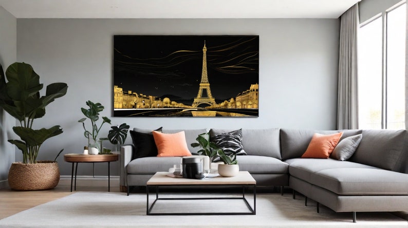 Image pour téléviseur avec cadre Samsung, Tour Eiffel, Paris, minimaliste, dessin au trait, bicolore, or et noir, Art mural avec cadre pour télévision, déco maison, nuit, 1 image 2