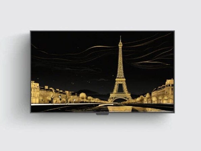 Image pour téléviseur avec cadre Samsung, Tour Eiffel, Paris, minimaliste, dessin au trait, bicolore, or et noir, Art mural avec cadre pour télévision, déco maison, nuit, 1 image 10