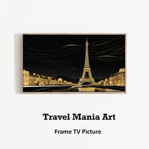 Image pour téléviseur avec cadre Samsung, Tour Eiffel, Paris, minimaliste, dessin au trait, bicolore, or et noir, Art mural avec cadre pour télévision, déco maison, nuit, 1 image 1