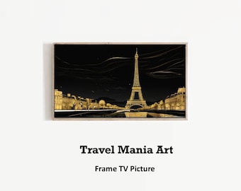 Image pour téléviseur avec cadre Samsung, Tour Eiffel, Paris, minimaliste, dessin au trait, bicolore, or et noir, Art mural avec cadre pour télévision, déco maison, nuit, 1