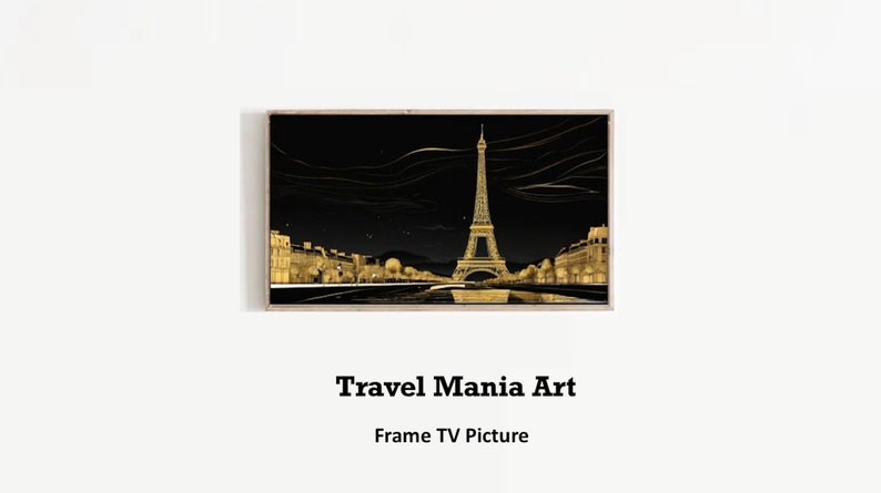 Image pour téléviseur avec cadre Samsung, Tour Eiffel, Paris, minimaliste, dessin au trait, bicolore, or et noir, Art mural avec cadre pour télévision, déco maison, nuit, 1 image 1