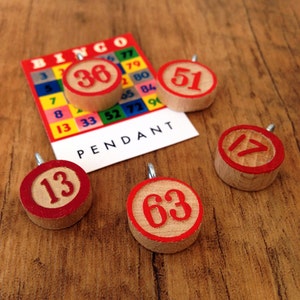 Bingo Marker pendants made from genuine vintage wooden game markers