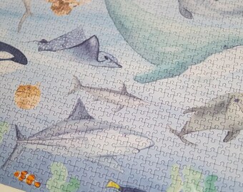 1000 Teile Puzzle | Meerestiere | Illustration Aquarell | Puzzle mit Wal, Delfin, Rochen, Hai, Clownfisch, Meeresschildkröte, Robbe