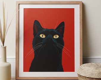 Black Cat Print, Red Poster For Cat Lovers, Vibrant Home Decor, Cat Mom Gift, Modern Art, Bold Modern Artwork, Feline Home Decor, Office Art