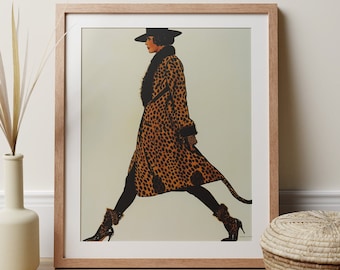 Stylish Woman Art Deco Poster Big Cat Cheetah Print Coat Boutique Chic Wall Art 1920s Fashion Print Gator Boots Retro Style Fashionista Gift