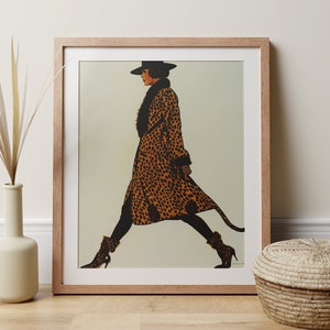 Stijlvolle vrouw art deco poster grote kat cheetah print jas boetiek chique muur kunst jaren 1920 mode print Gator laarzen retro stijl fashionista cadeau