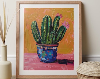 Blooming Cactus Art Print, Modern Botanical Wall Decor