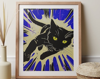 Black Cat Print Pop Art Style Pouncing Dynamic Cat Lover Wall Decor Picture, Animal  Poster, Cat Lover Gift, Black Blue Modern Art Print Cat