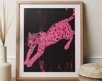 Trendy Pink Leopard Print Wall Art Pink Cheetah Poster, Vibrant Big Cat Jungle BoHo Home Decor Contemporary Living Room Animal Painting Gift
