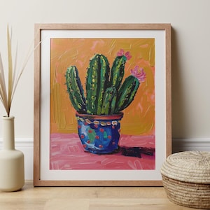 Arte murale con cactus fioriti, opera d'arte moderna stravagante, arredamento alla moda per il deserto, stampa botanica colorata e audace per la cucina, regalo per amanti delle piante femminili