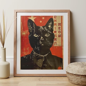 Poster del gatto rivoluzionario, stampa divertente del presidente Meow, arredamento cinese per la casa, regalo umoristico per l'ufficio, propaganda vintage