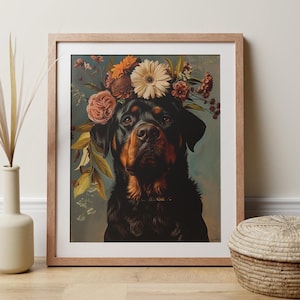 Corona di fiori con stampa Rottweiler, stampa floreale con ritratto di cane, stampa per la perdita di un animale domestico, regalo stravagante per gli amanti dei cani, decorazione per la casa con animali, arte alla moda per appartamenti