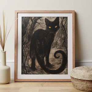 Halloween Black Cat Art Print, Witchy Wicca Home Decor, Mystical Fantasy Goth Cat Picture, Spooky Feline Dark Art Gift, Magic Goth Cat Lover