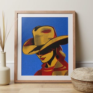 Plakat z kowbojką w stylu pop-art, obraz z Dzikiego Zachodu, nowoczesny wystrój domu, sztuka ścienna w stylu western, odważny plakat z kowbojką, prezent dla młodej kobiety w kolorze czerwonym, żółtym i niebieskim