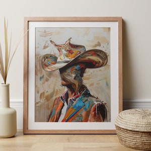 Stampa artistica surrealista di un cowboy western, opera d'arte murale ispirata a Dalì e ispirata al selvaggio West, arredamento moderno per la casa, opera d'arte astratta di un cowboy, regalo per gli amanti del western