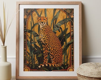Cheetah Print Art Deco 1920s Style Leopard Cheetah Gift Home Decor Jungle Animal Cat Lover Gift Elegant Wildlife Yellow Green Gallery Grade