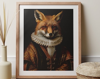 Fox Portrait Print Renaissance Style Whimsical Animal Art, Goth Home Decor For Dark Academia Lover Regal Fox Gift Poster Quirky Animal Head
