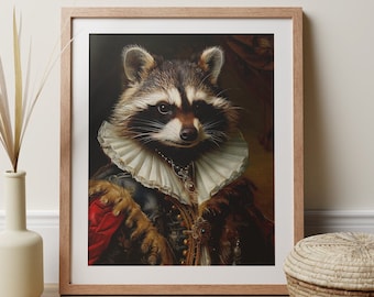 Renaissance Racoon Art Print, Whimsical Gothic Animal Portrait, Vintage Style, Animal Lover Gift, Altered Art Racoon Poster, Anthropomorphic