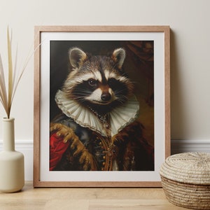 Stampa artistica di procione rinascimentale, ritratto di animale gotico stravagante, stile vintage, regalo per gli amanti degli animali, poster di procione con arte alterata, antropomorfo