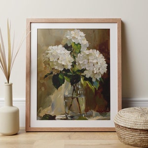Stampa di pittura di ortensia con fiori bianchi, elegante arte floreale vittoriana, arte murale botanica, pittura a olio in stile vintage, regalo per giardiniere Calm Art
