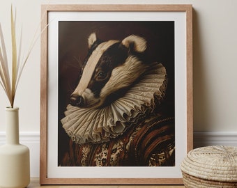 May include: A framed print of a badger wearing a white lace collar and a brown and gold patterned robe. The badger has a black nose and white stripes on its face.