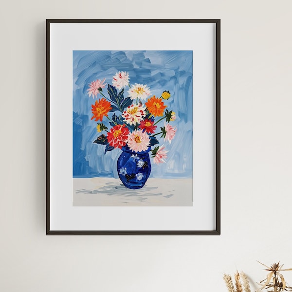 Colourful Dahlia Blue Vase Print Matisse Style Floral Art Gift For Dahlia Growers Gardeners Summer Wall Decor Impressionist Print Download