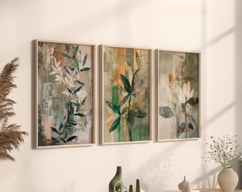 Botanischer Druck 3er Set Abstrakte Botanische Blumen Grafik BoHo Kunstwerk Salbei Grün Bambus Minimalistisches Wohnzimmer Büro Dekor