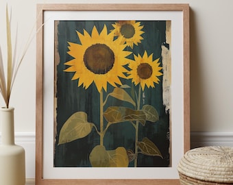 Fall Sunflower Art Painting, Yellow Rustic Botanical Print For Autumnal Boho, Contemporary Scandinavian Style Home Decor, Flower Lover Gift