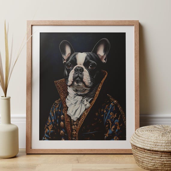 Renaissance Dog Art French Bulldog Portrait, Quirky Gift for