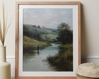 Fly Fishing Art, Fall Landscape Print, Vintage Oil Painting Autumn River, Country Home Decor