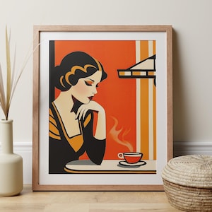 Stampa retrò di caffè, donna in stile Art Déco, decorazione da parete per cucina glamour vintage, elegante illustrazione arancione e nera, poster regalo per gli amanti dell'angolo caffè